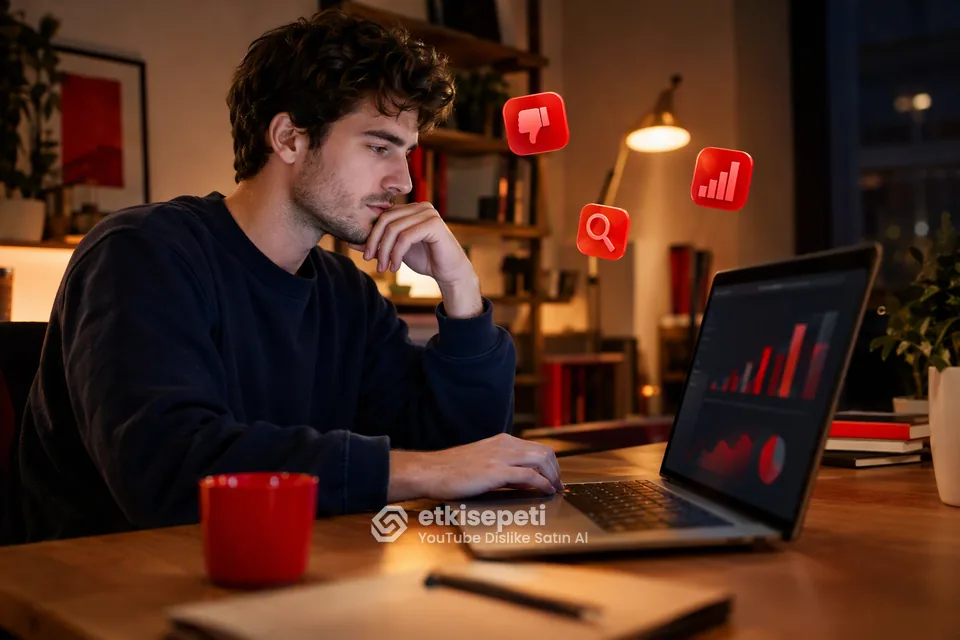 YouTube dislike satın al sonrası dizüstü bilgisayarda kanal istatistiklerini inceleyen kanal sahibi
