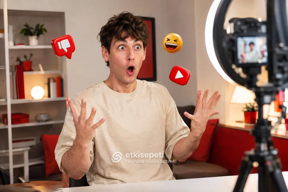 YouTube dislike satın al hizmetini değerlendiren, mizah videosu çeken genç içerik üreticisi
