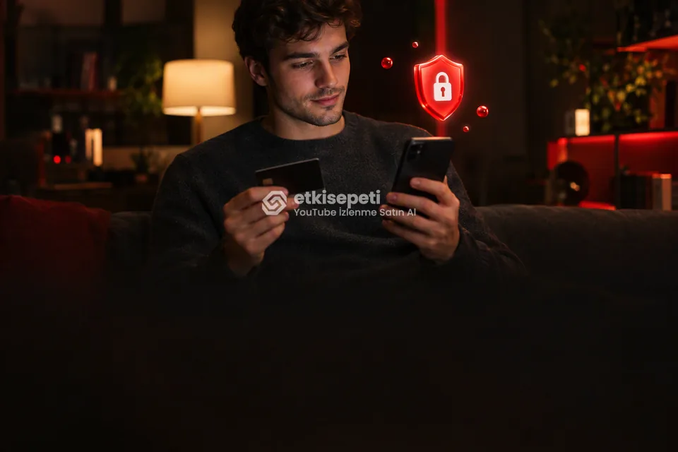 Kart ve telefonla güvenli ödeme yapan bir kullanıcı