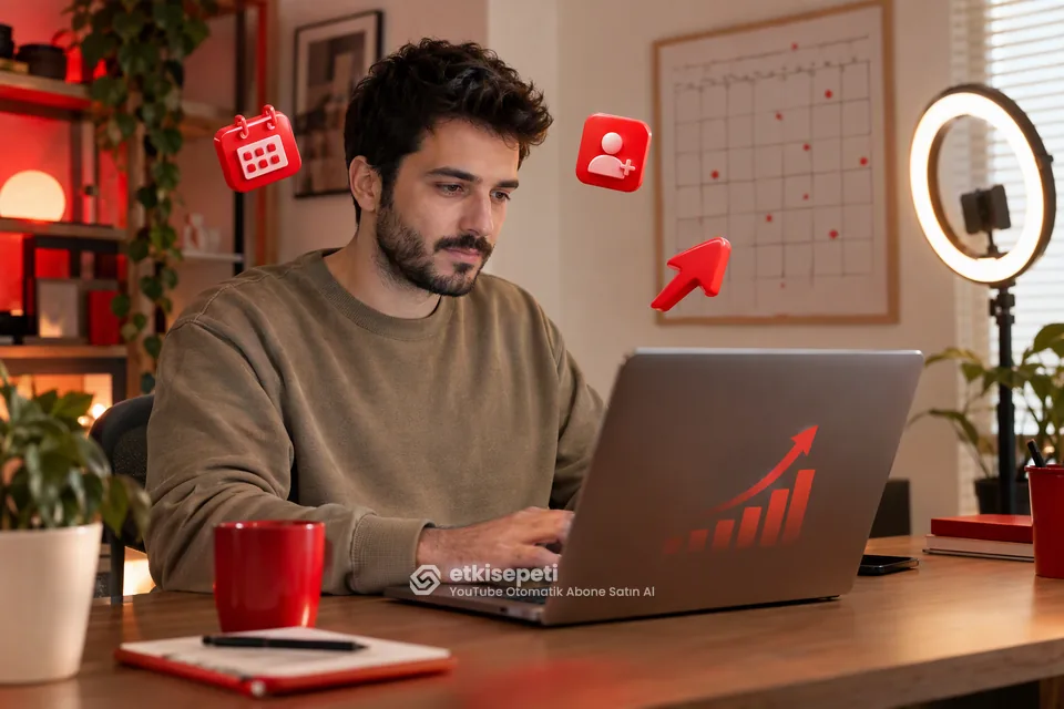 YouTube otomatik abone satın al sonrası YouTube Studio'da günlük abone artışını duvar takvimiyle karşılaştıran bir içerik üreticisi
