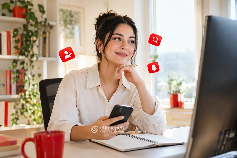 YouTube otomatik abone satın al planında kanal sayfasındaki yuvarlanmış abone sayısını telefonda, kesin sayıyı bilgisayarda kontrol eden kadın kanal sahibi