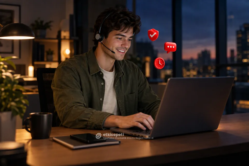 Destek uzmanı YouTube Otomatik Shorts Beğeni siparişlerini panelden takip ediyor