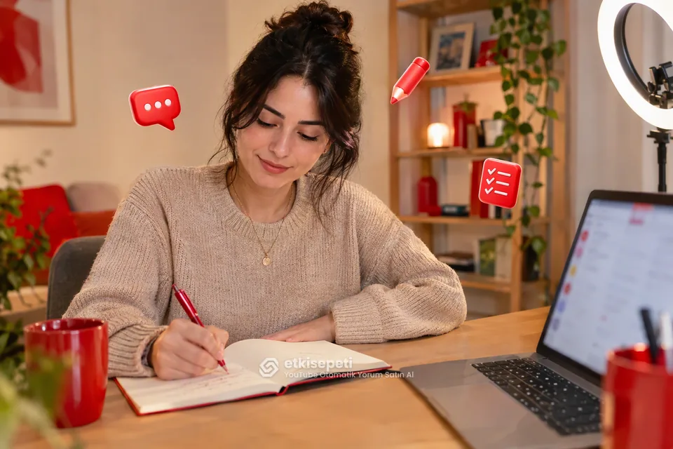 YouTube otomatik yorum satın al öncesi yeni videolarının yayın planını defterine not eden bir içerik üreticisi