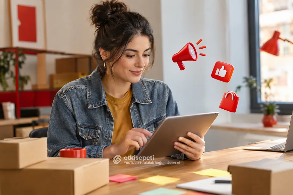 YouTube topluluk beğeni satın al hizmetini kullanan küçük marka ekibinden bir çalışanın kampanya duyurusu gönderisini tablette incelemesi