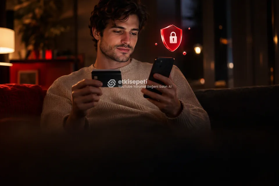 Kart ve telefonla güvenli ödeme yapan bir kullanıcı